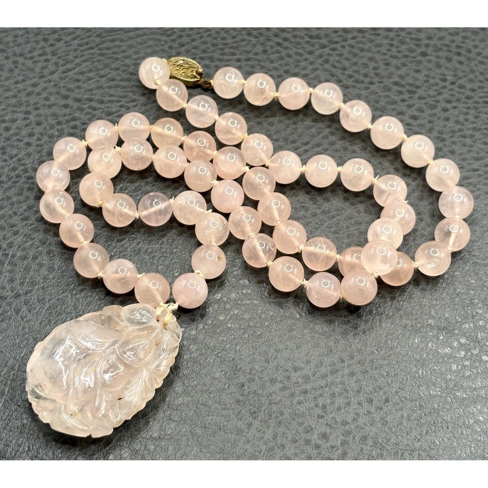 VTG Chinese Rose Quartz Beaded Necklace Carved Floral Pendant Hand Knotted 26"